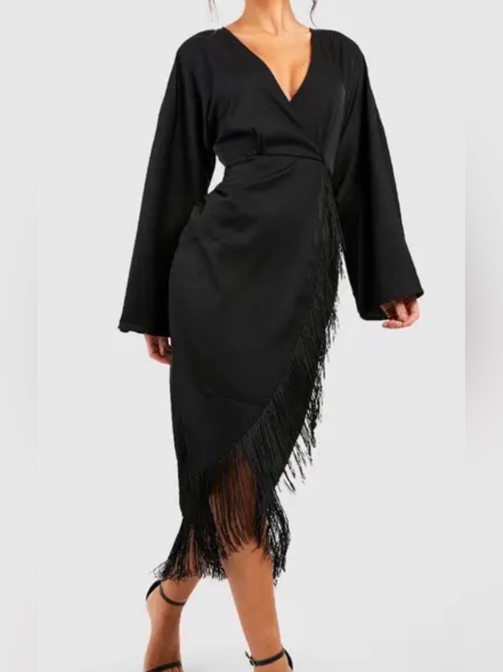 BIG SALE(3for $50)-Black Fringe Wrap Midi Dress